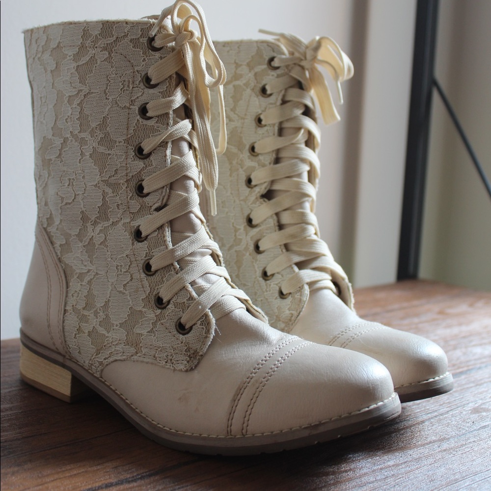 Creme laced combat boots